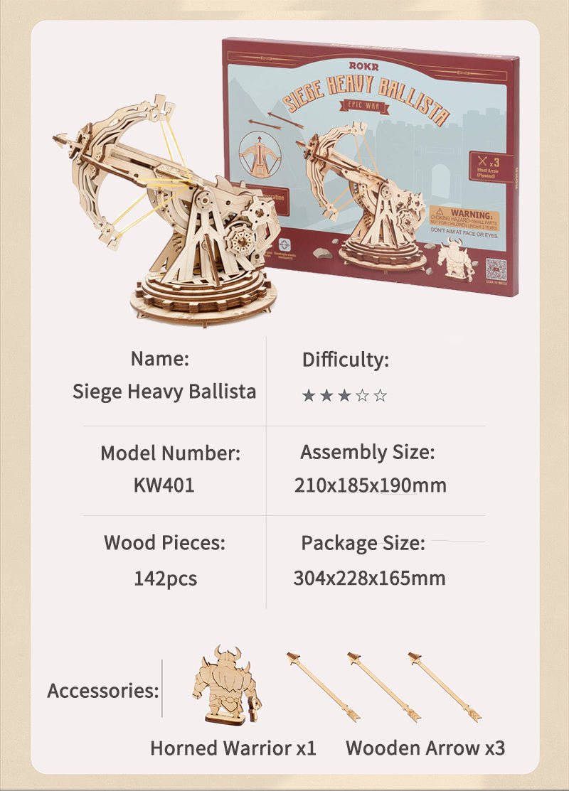 Robotime ROKR Siege Heavy Ballista 3D Wooden Puzzle – War Game, Assembly Toy, Gift for Kids and Boys (KW401)