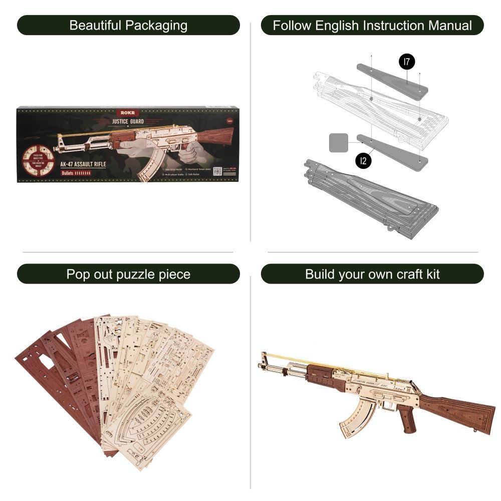 Robotime Rokr AK-47 3D Wooden DIY Kit – Fun, double firing modes.